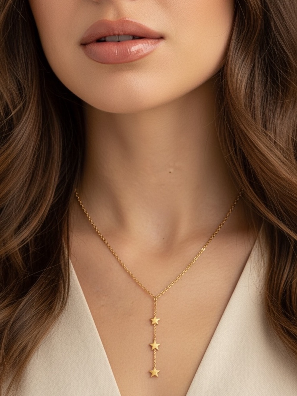 18k Gold Plated Y Lariat 3 Star Necklace. New.